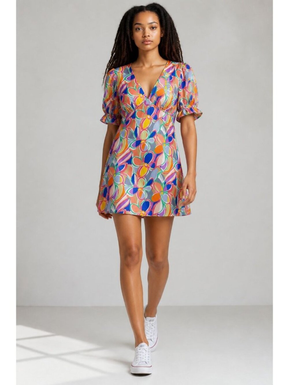 Good Luck Gem Floral Print Puff Sleeve Mini Dress V-Neck Lightweight Fabric Mult